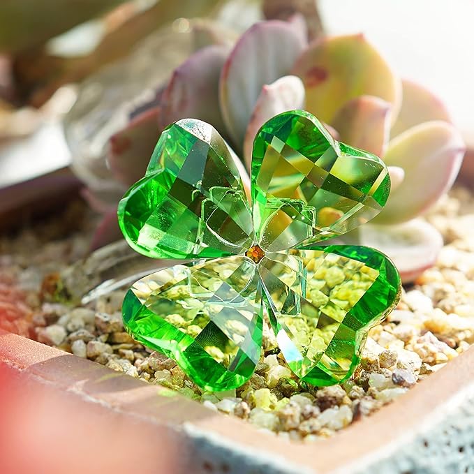 HDCRYSTALGIFTS 4'' Crystal Flower Dreams Four Leaf Clover Figurine Collectibles Green Crystal Glass Statue Ornament Lucky for Mom Women Car Table Shelf Decorations,Green