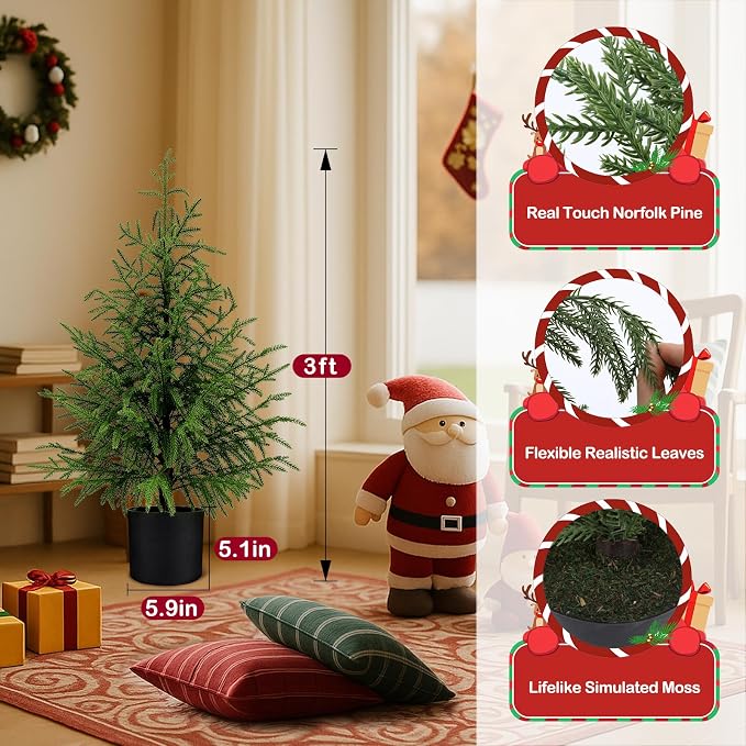 ENVEN Outdoor Artificial Topiary Cedar Tree Real Touch Faux Pine Evergreen Shrub Plant UV Resistant Greenery Tree with Pot Realistic Cypress Front Porch Decor (3FT-2Pack Nofolk Pine)