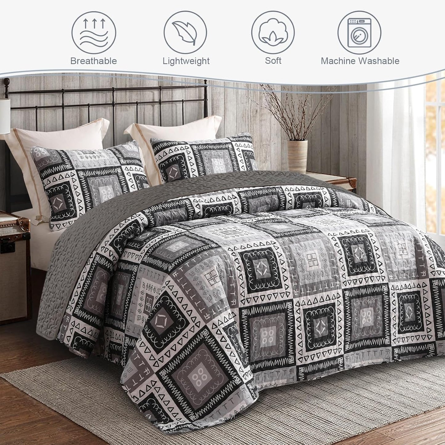 Exclusivo Mezcla Reversible Boho Quilt Set Twin Size, 2 Pieces Patchwork Black All Season Bedspreads, Ultra Soft Floral Coverlet Bedding Set with Printed Pattern (1 Quilt, 1 Pillow Sham)