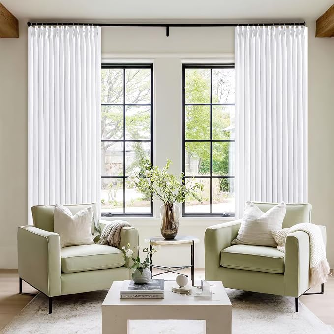 Extra Wide Pinch Pleat White Linen Curtains 96 Inches Long for Patio Sliding Glass Door 70 Inch Wide Curtain Memory Trained Pleated Drapes with Hooks Rings Semi Sheer 70x96 Curtain for Large Window