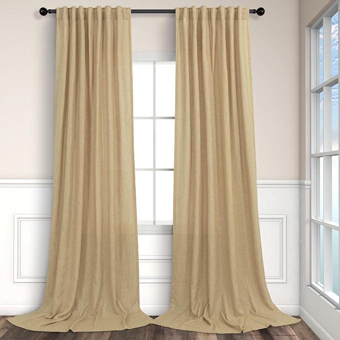 Tan Linen Curtains 90 Inch Length for Living Room Dining 2 Panels Set Back Tab Pocket Light Filtering Sheer Taupe Brown Mocha Coffee Color Drape for Bedroom Home Office Burlap Vintage Decor 52x90 Long