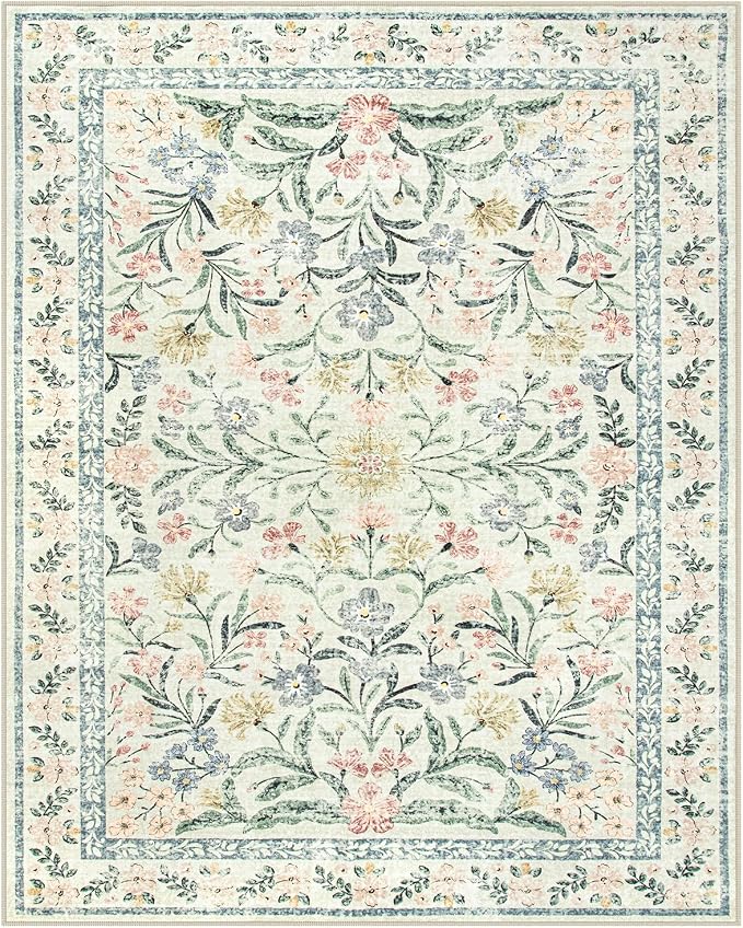 Wonnitar Boho Washable Rug 8x10, Large Area Rug for Living Room, Soft Floral Carpet for Bedroom Non Slip, 8 x 10 Indoor Beige Carpets for Nursery Dining Room Apartment Office Decor