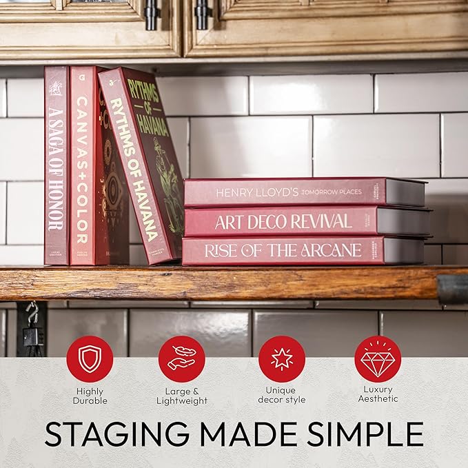 Decorative Books | Red 10 Book Set with 3 Sizes | Preassembled with Hidden Storage | Perfectly Stackable for Easy Home Staging | Book Decor to Elevate Your Space | Home Decor Made Simple!