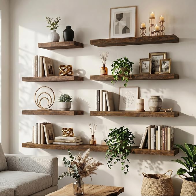 48 Inch Floating Shelves for Wall, 8"D Wood Storage Shelves, Brown Finish | Engineered Wood, Invisible Bracket, Large Storage, Easy Install, Hold Up to 77lbs, Living Room, Bathroom, Bedroom, Kitchen