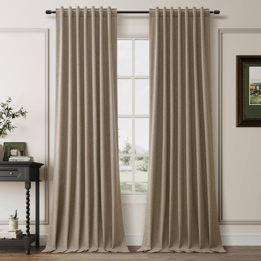 BOODII Room Darkening Curtains Matcha Brown Black Out Curtains 96 Inches Long 2 Panel Set Back Tab Neutral Linen Curtain for Sliding Door Modern Farmhouse Living Room Blackout Drapes Soundproof 52x96
