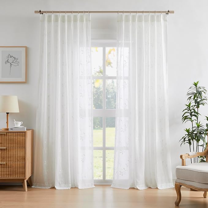 Vision Home White Embroidered Floral Pinch Pleated Sheer Curtains Leaf Patterned Rustic Light Filtering Window Panels for Living Room Bedroom Flower Rustic Pleat Drapes with Back Tab Hooks 40"Wx95"Lx2