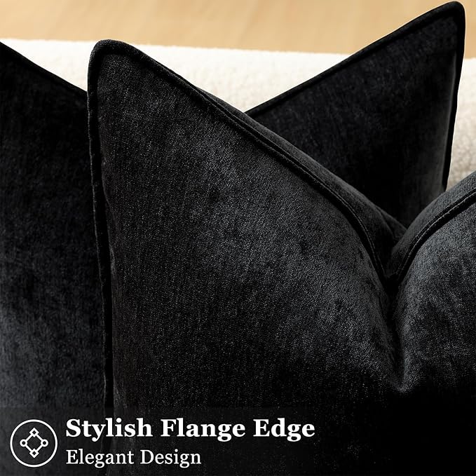 decorUhome Summer Couch Euro Sham Throw Pillow Covers 26x26 Set of 2, Decorative Soft Velvet Modern Cozy Chenille Pillow Cases with Elegant Design for Sofa Bed Living Room Home Decor, Black