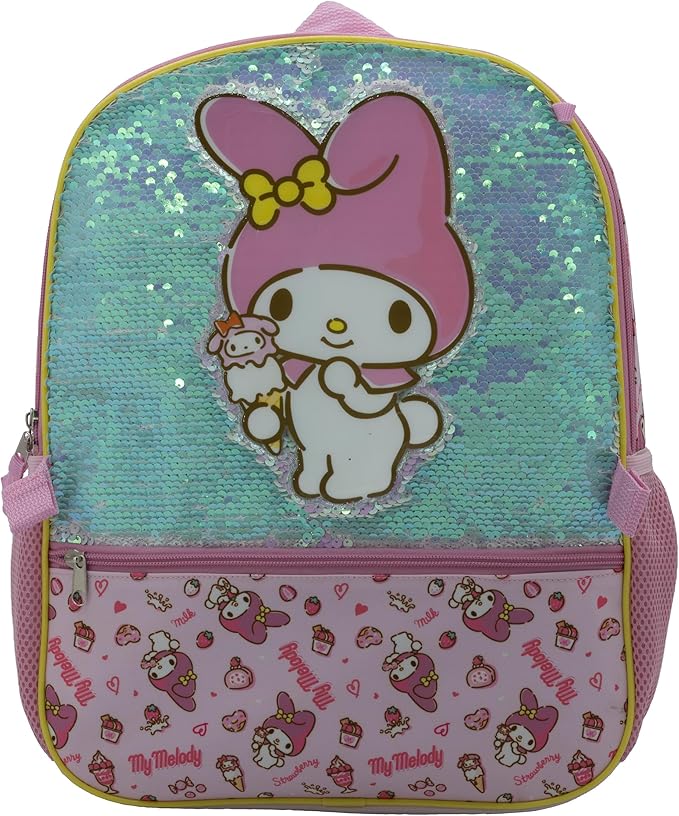 AI ACCESSORY INNOVATIONS Hello Kitty My Melody 5 Piece Backpack Set, Kawaii Flip Sequin Anime School Bag for Girls with Zip Front Pocket, Pink