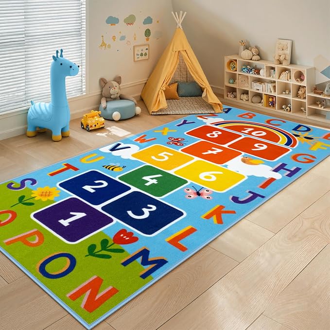 STARUIA Washable Hopscotch Kids Rug for Playroom, Colorful Educational Classroom Rugs with ABC Number, Non Slip Kids Play Mat Rug Game Carpet for Bedroom Nursery Daycare Boy Girl （Blue, 31.5''x72''）