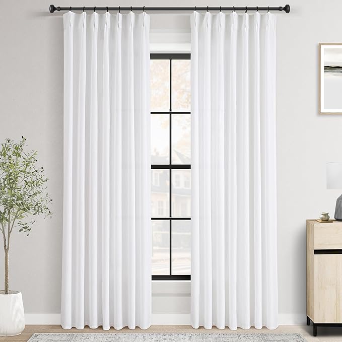 White Pinch Pleated Linen Curtains 132 Inch Length 2 Panels for Living Room Bedroom Textured WhiteSemi Sheer Drapes Pinch Pleat Rings Window Curtain 40x132