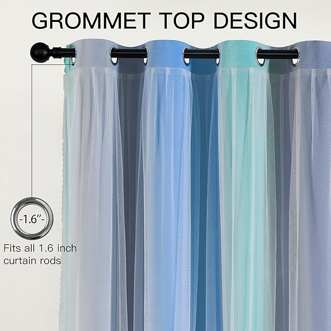 XiDi 100% Blackout Curtains for Girls Bedroom Living Room 96 Inch Length 2 Panels Kids Rainbow Blue Green Grey Mix & Match Double Layer Curtains with Sheer Overlay Grommet Window Drapes 52W x 96L