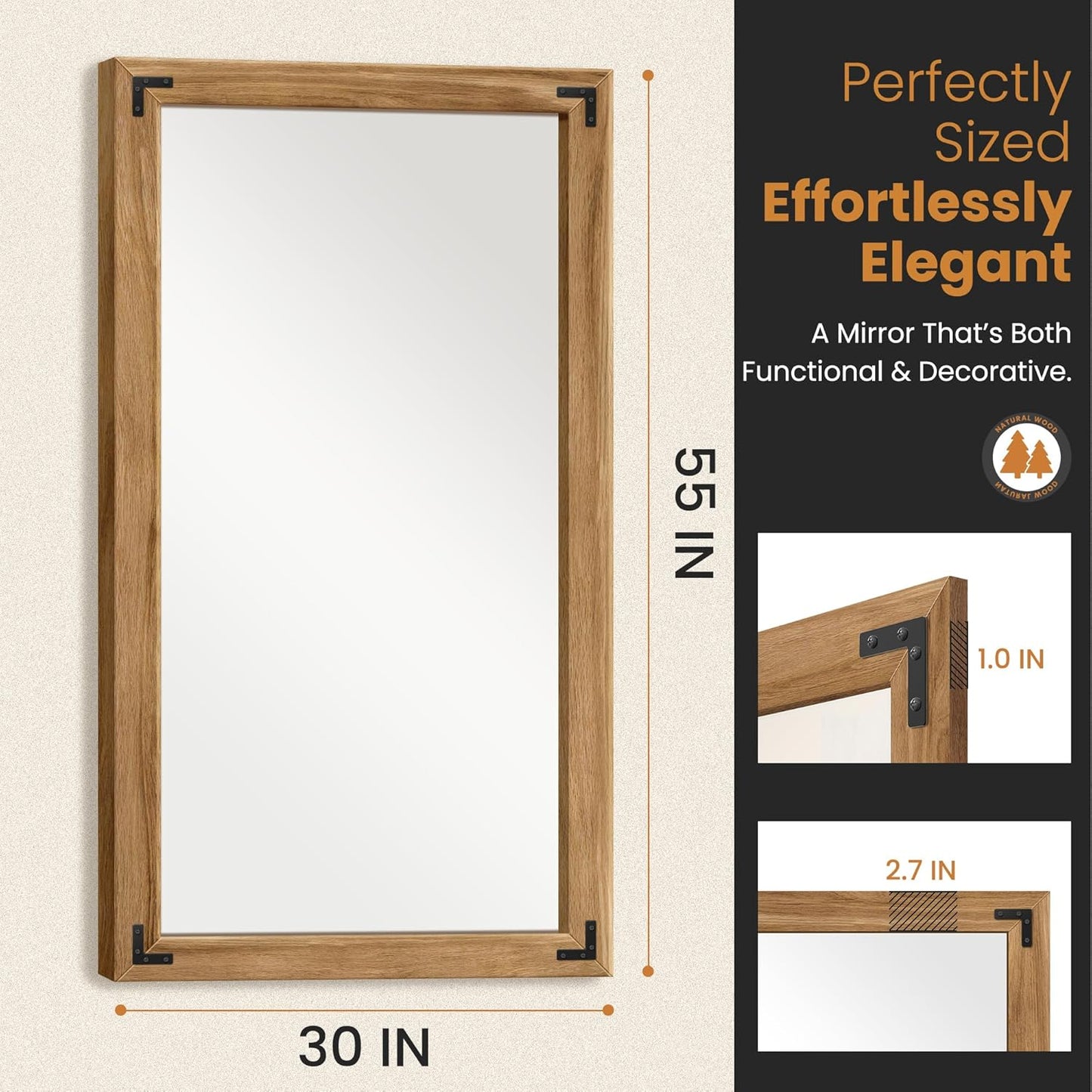 Full Length Mirror with Wooden Frame, 55"X30" Solid Wood Standing Floor Mirror for Farmhouse, Bathroom, Bedroom Decor, Hanging or Leaning Wall-Mounted