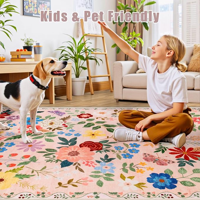 Area Rug Living Room Rugs: Floral 4x6 Washable Rug Vintage Soft Boho Non-Slip Carpet Indoor Floor Stain Resistant Large Carpets for Bedroom Dining Room Farmhouse Nursery Hallway Home Office Beige