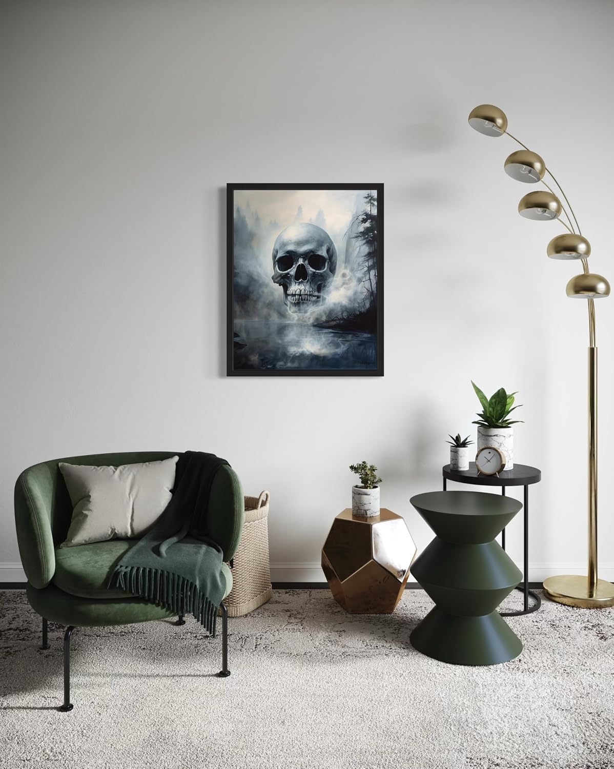Foggy Skull Poster Art Print, Halloween Scary Vintage Wall Art Academia Spooky Painting Decoration for Horror Prints, Gothic Posters Bedroom Decor 89 (Foggy Skull, 8 x 10 inches, Black Frame)