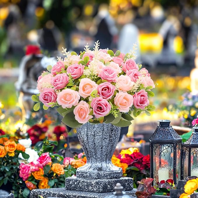 TURNMEON 40 Heads Fake Roses Artificial Flowers for Outdoors Summer Decor, 4 Bouquets UV Resistant Fake Flower Bouquet Faux Silk Roses for Wedding Birthday Party Home Mother's Day Cemetery Decor(Pink)