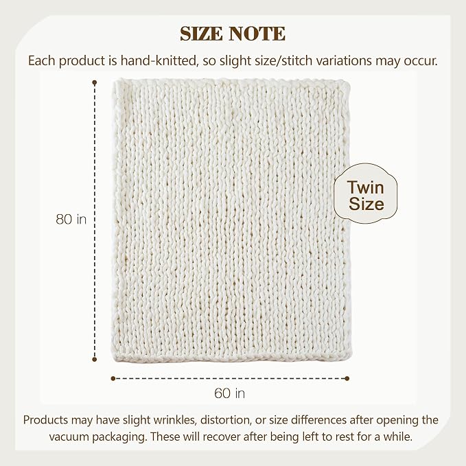 Carriediosa Chunky Knit Throw Blanket 60" X 80" Twin, 100% Hand Made Large Chenille Loop Yarn Soft Fluffy Throws for Couch Sofa Bed, Big Crochet Cozy Heavy Thick Cable Woven Blankets, Cream White