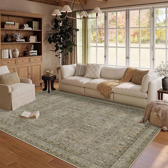 Rugxara 5x7 Area Rugs for Living Room Bedroom, Washable Rug, Vintage Floral Boho Rug, Non Slip & Low Pile Faux Wool Thin Carpet for Indoor Dining Room and Kids Room(Olive Brown 5x7ft)