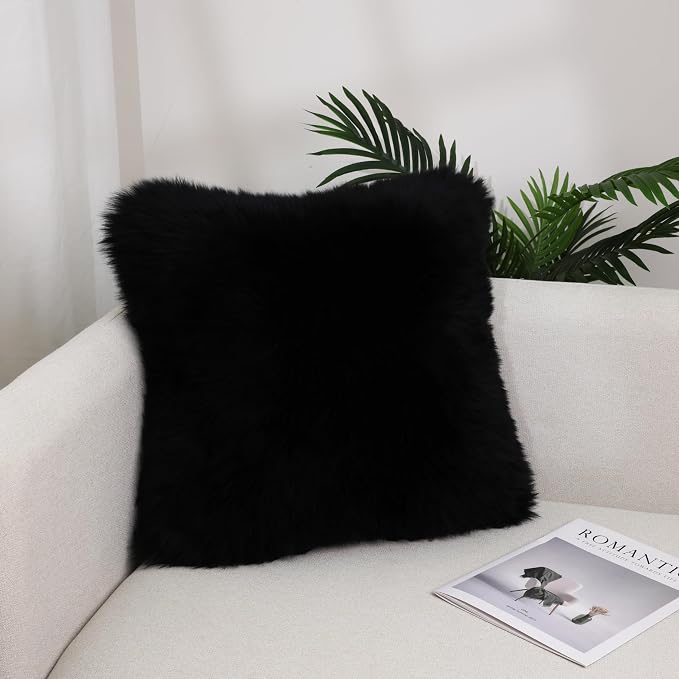 Luxury Soft Fur Sheepskin Fleece Cushion Cover Pillowcase Decorative Throw Pillows Covers, No Pillow Insert, 1pc (Inky Black, 18"×18")