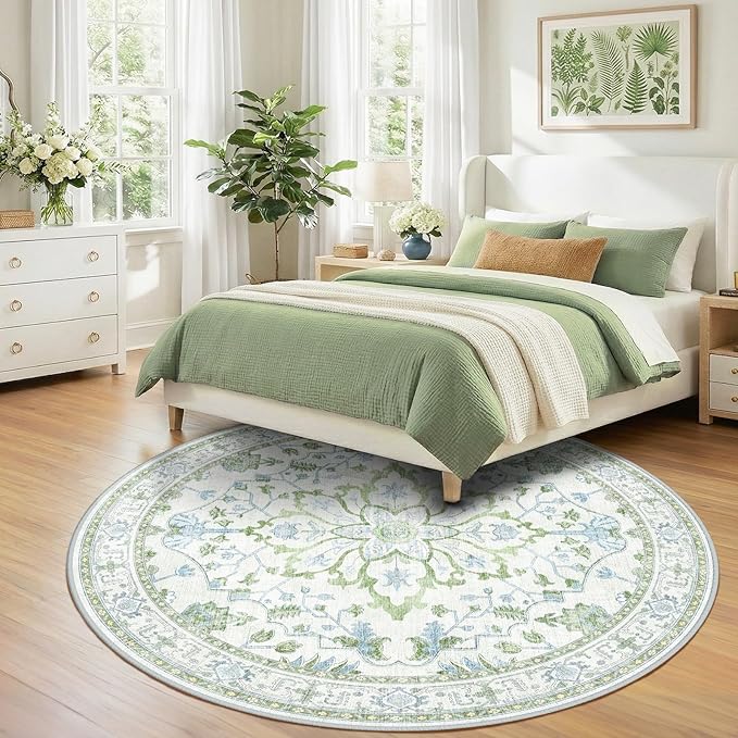 RELEANY Area Rugs Round 8ft Washable Non-Slip, Floral Vintage Distress Print Pattern Medallion Carpet for Living Room Bedroom Dining Room, Green White Blue