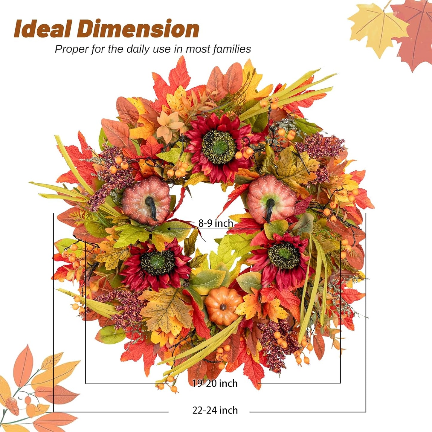 Fall Wreaths for Front Door 24 Inch- Full&Realistic Autumn Maple Leaves Wreath,Large Fall Door Wreath with Sunflower,Pumpkin,Berries for Thanksgiving Harvest Festival Decorations
