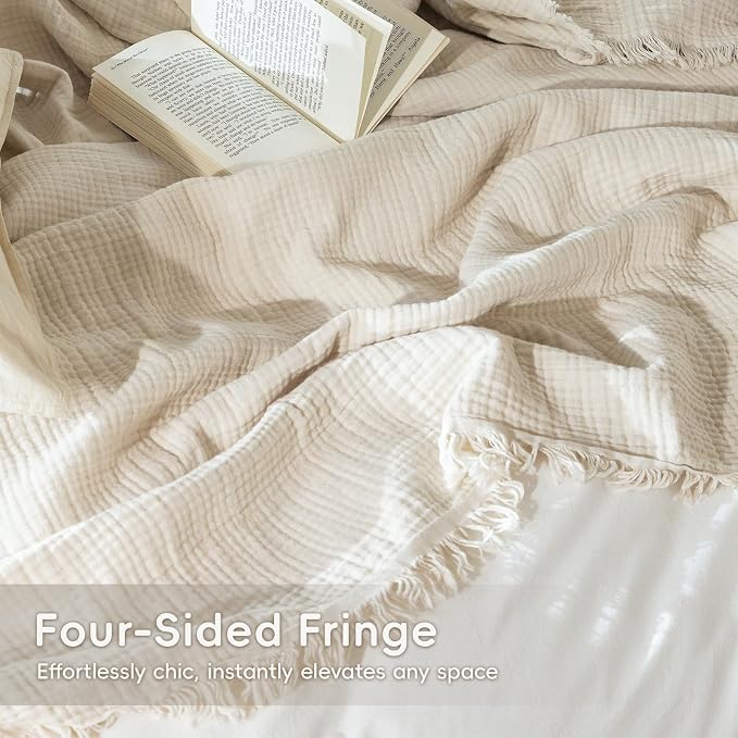 MooMee Muslin Blanket - 100% Cotton 4-Layer Gauze Throw Blanket with All-Around Fringe, Soft Breathable Lightweight Cooling Summer Blankets for Bed Couch (Beige,Queen 90" x 90")