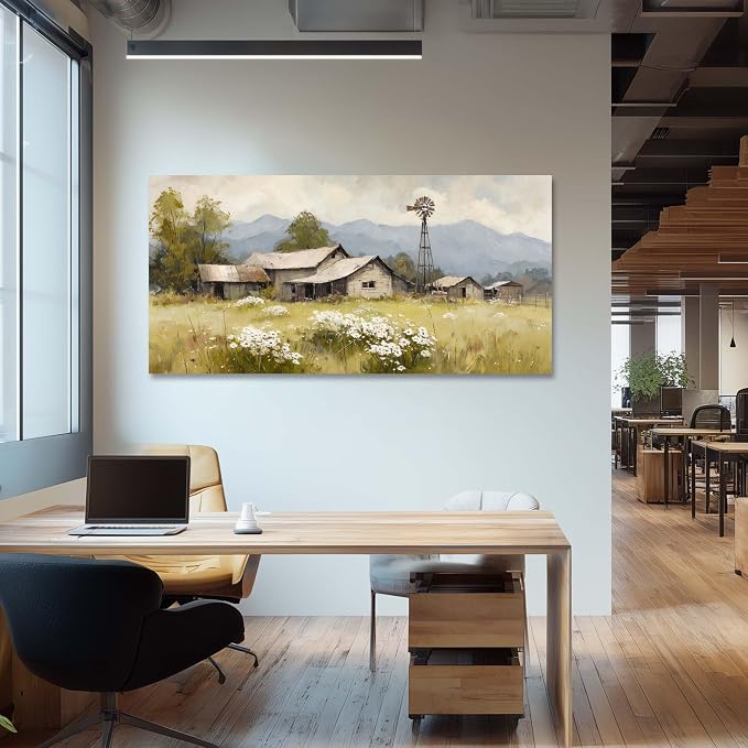 Ggaafet Rural House Wall Art for Bedroom Canvas Oil Painting Prints Beautiful Countryside Tranquility Cabin Landscape Art Deco Retro Rustic Artwork Office Farmhouse Dining Room Decor