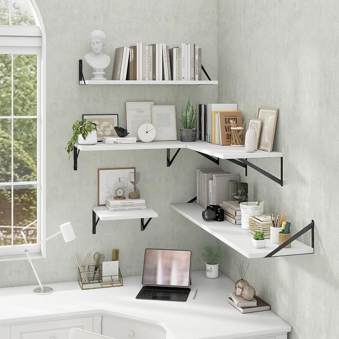 Acovy Deep Floating Shelves Wall Mounted, 12"x12" White Wall Shelves with Brackets Set of 2 for Bedroom, Living Room, Bathroom, Kitchen, Office - Storage & Display Shelf for Decor, Books, Plants