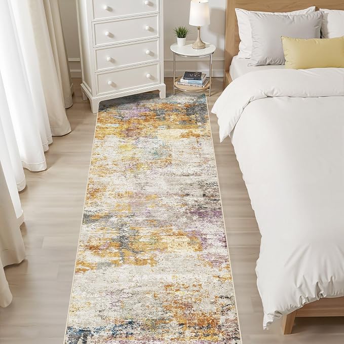 Runner Rug Kitchen Washable Rugs: 2x5 Non-Slip Abstract Soft Modern Stain Resistant Indoor Floor Neutral Accent Throw Carpet for Hallway Bathroom Laundry Room Entryway Bedroom- Gold Colorful