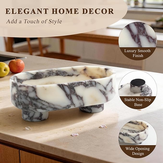Natural Oval Marble Fruit Bowl, Two-Legged Decorative Bowl Calacatta Viola | 10" Large Handcrafted Marble Catchall Bowl for Home Decor. Fruit Basket Bowl, Entryway Bowl, Pedestal Bowl for Dining Table