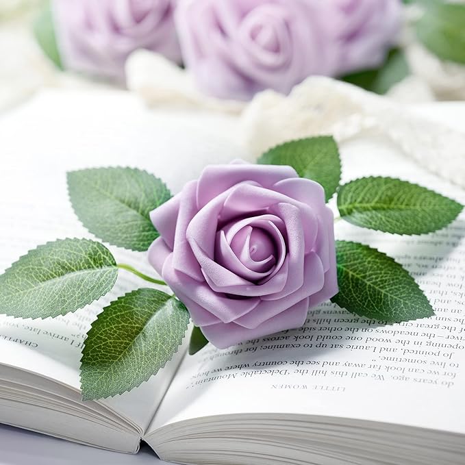 Mocoosy 50Pcs Rose Artificial Flowers, Lavender Fake Roses for Decorations, Purple Foam Fake Flowers with Stem for DIY Wedding Bouquet Bridal Shower Mother's Day Floral Arrangement Party Home Decor