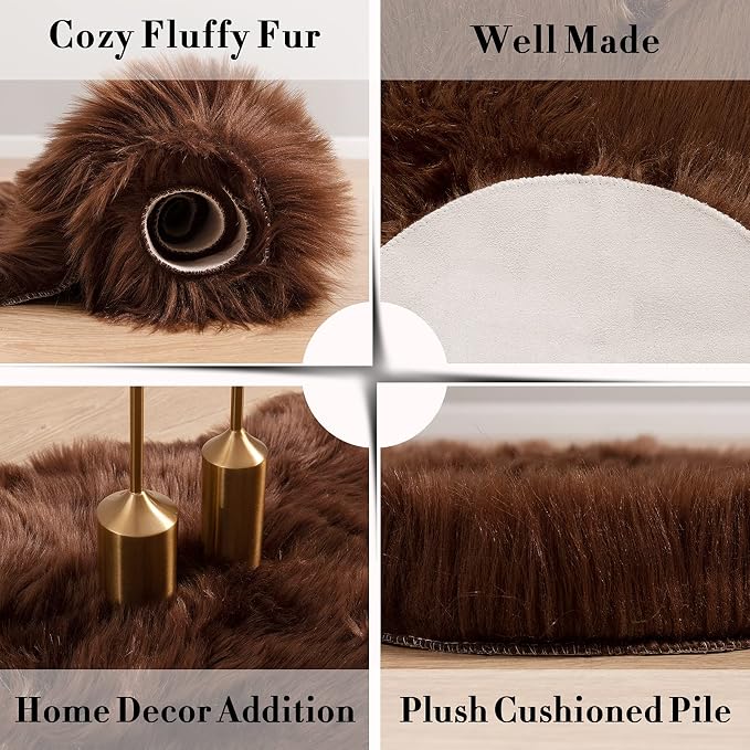Carvapet Luxury Faux Sheepskin Chair Cover - Soft Plush Fur Seat Pad Skid-Resistant Fluffy Area Rug for Desk Armchair Bedroom Decor Brown 2x3 Feet