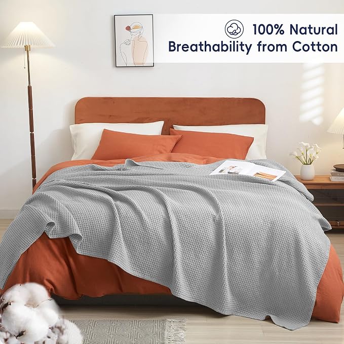 PHF Pre-Washed 100% Cotton Waffle Weave Throw Blanket for Couch, Lightweight Breathable Bed Blanket for Spring Summer, Snag Proof Machine Washable, Home Decor Gift - Light Grey