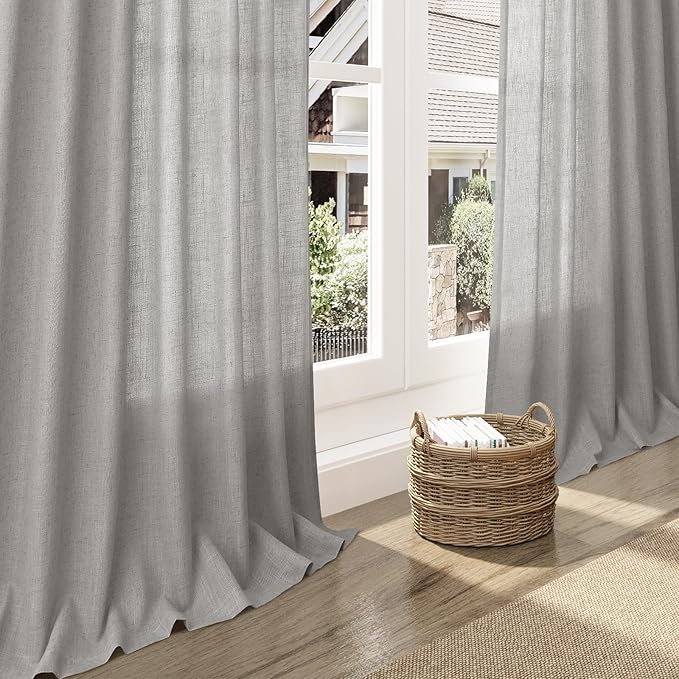 Nanspring Light Gray Linen Curtains 108 Inches Long for Living Room Extra Long Simple Modern Coastal Decor Semi Sheer Curtain Grey Back Tab Floor to Ceiling Drapes for Bedroom 52x108, 2 Panels