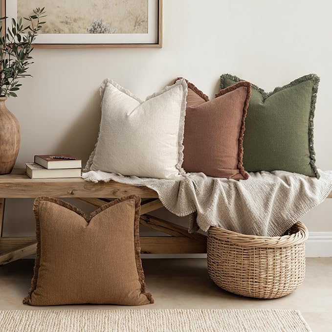 MIULEE Decorative Couch Pillow Covers Neutral Linen Fringe Throw Pillows Set of 4 Soft Rustic Cushions Boho Farmhouse Pillowcases for Bed Sofa Living Room Spring Decor 24x24 Inch Beige/Brown/Green