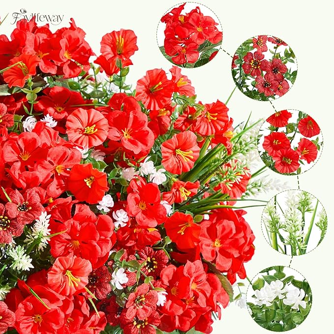 16 Bundles Artificial Flowers for Outdoors, UV Resistant Silk Faux Flowers for Outside Planters,Garden,Porch,Yard,Home Decor(Red)