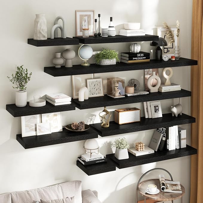 72 Inch Long Floating Shelves for Wall Set of 2, 12"D Wood Grain Bathroom Shelves with Invisible Brackets, Easy Install Engineered Wood Storage Shelves for Kitchen, Living Room, Bedroom, Black Finish