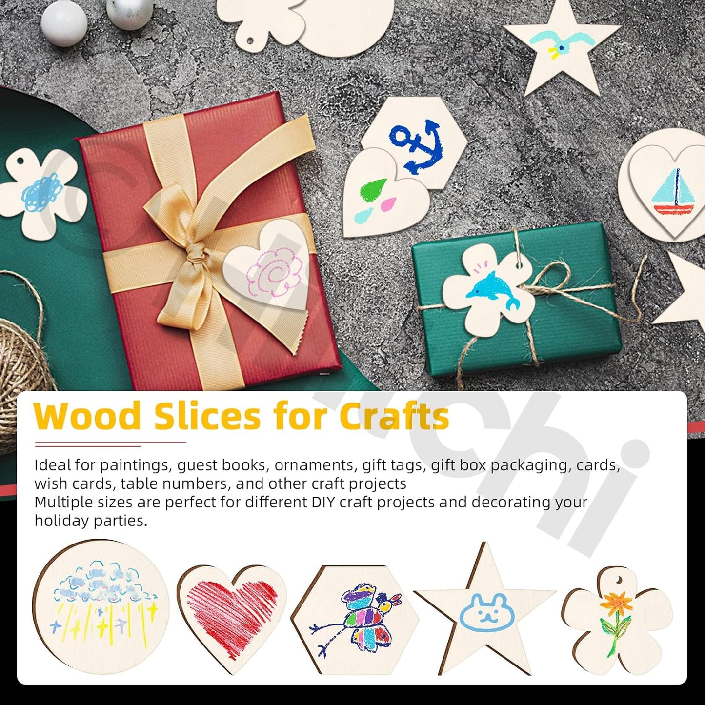 Hilitchi 200Pcs Multi Shape Unfinished Wooden Crafts DIY Wooden Cutouts Star Flower Circle Hexagon Heart Shapes Unfinished Wood Slices Ornament for DIY Crafts Home Decorations