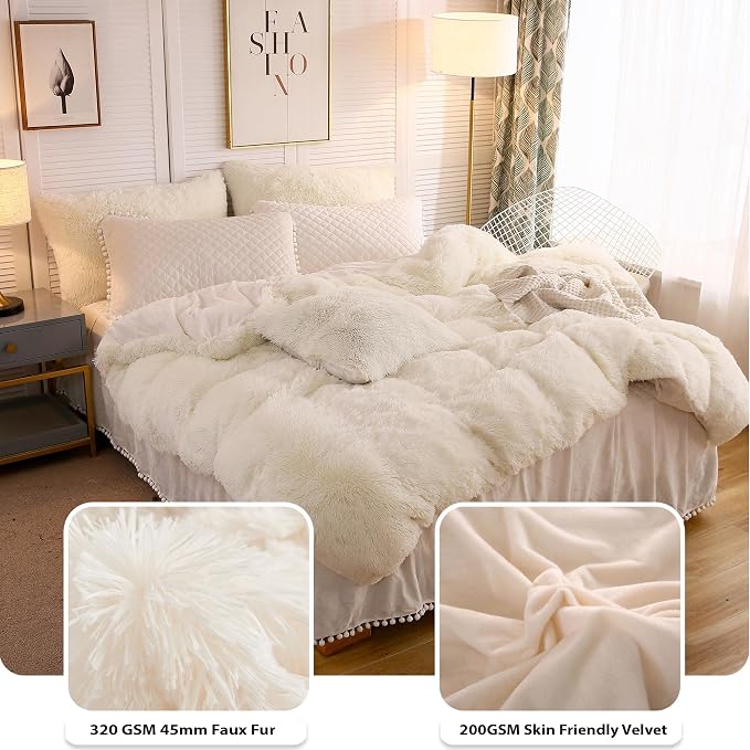 LIFEREVO Luxury Plush Shaggy Duvet Cover Set, Soft Velvet Fluffy Furry Duvet Cover Set(1 Faux Fur Fuzzy Comforter Cover+1 Pom Pom Pillow Case) Bedding Set,Zipper Closure(Twin/Twin XL,Light Beige)