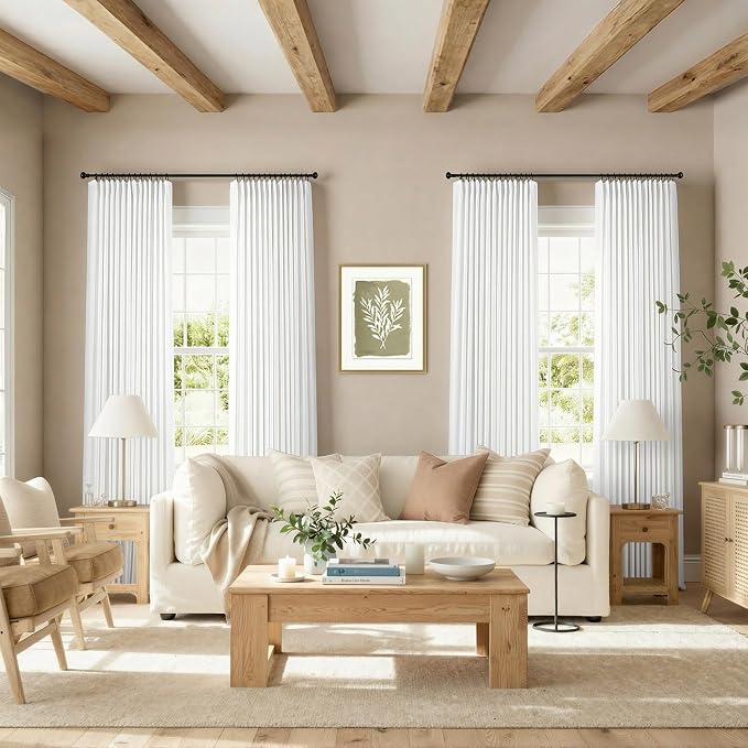 White Linen Curtains 80 Inches Long for Living Room Pinch Pleat Back Tab Thick Linen Textured Pleated Drape Hooks Rings Light Filtering Semi Sheer Snow White Bedroom Window Curtain 80 Length 2 Panels