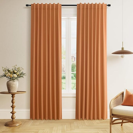 Guken Orange 100% Blackout Linen Curtains 84 Inch Length 2 Panels Set for Living Room Bedroom Back Tab Thermal Insulated Black Out Drapes Room Darkening Farmhouse Window Curtains 84 Inches Long