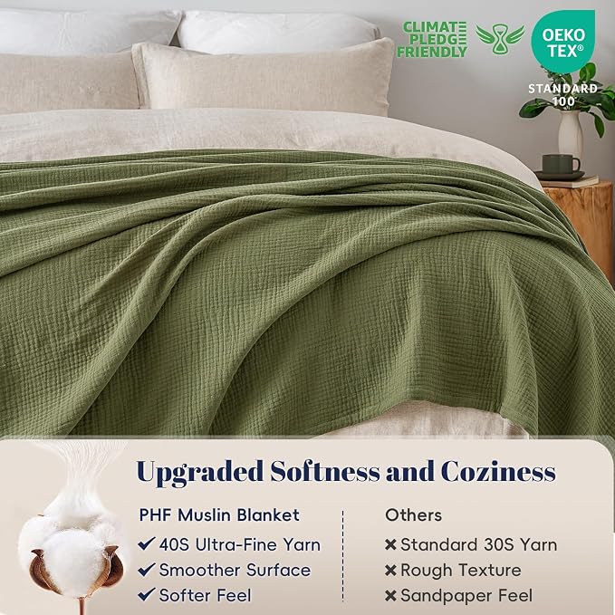 PHF 100% Cotton Muslin Blanket Queen Size 90"x90", 4-Layer Lightweight Gauze Throw, Breathable Cloud-Soft Minimalist Blanket for Bed, Couch, Camping & Baby, Olive Green, Ideal Gift
