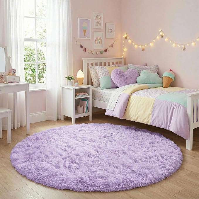 Amdrebio Light Purple Round Circle Rug 5Ft for Girls Bedroom, Fluffy Fuzzy Area Rugs for Kids Room Decor Aesthetic, Cute Furry Shaggy Circular Princess Carpet for Playroom, Baby Nursery, Preppy Dorm