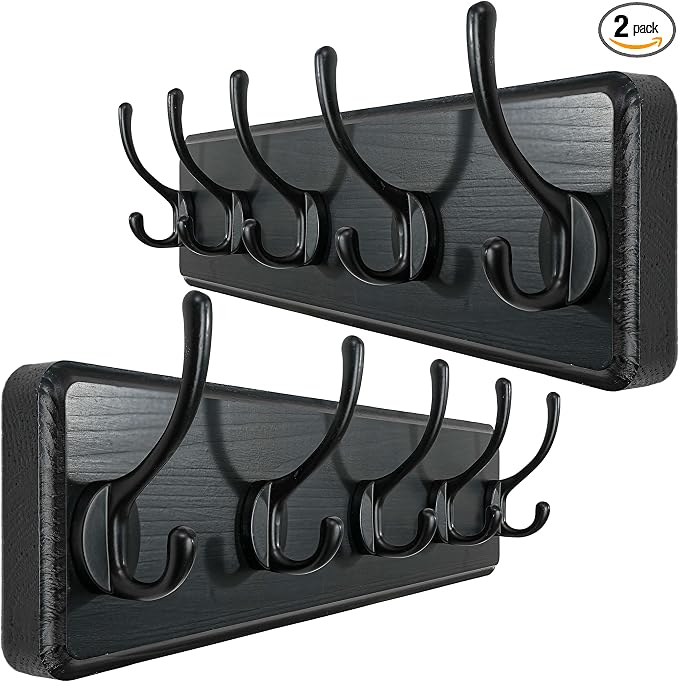 WEBI Wall Mounted Coat Rack, 16" Hole to Hole, Large Hanger Hook Rack, 5 Hooks for Hanging Coats, Hats, Jacket, Clothes, Entryway, Black, 2 Packs