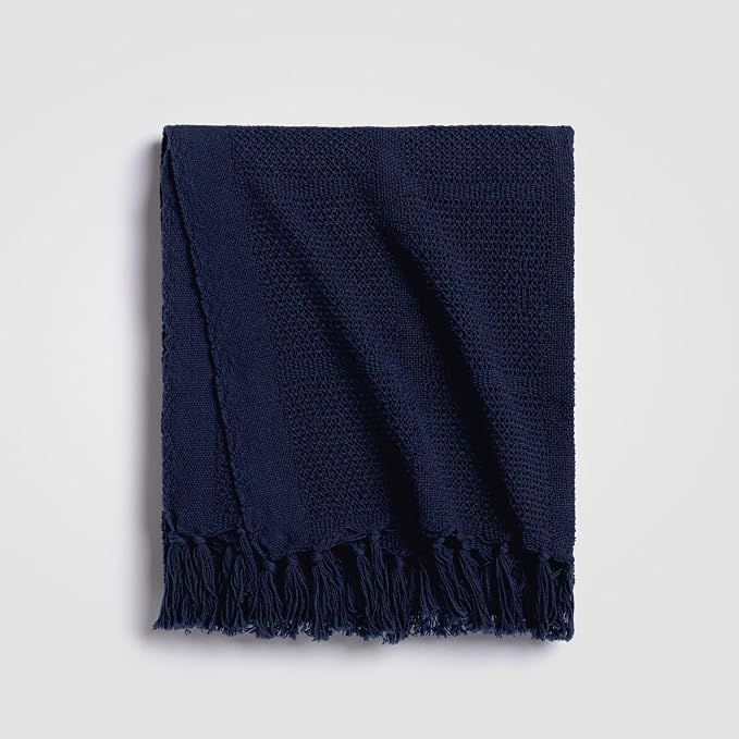 Oasis Deep Current Knit Throw Blanket 55x80, Deep Blue 100% Cotton Decorative Sofa and Bed Blanket, Lightweight All-Season Throw, Handwoven in India, Oeko-TEX Certified, Sofa Accent