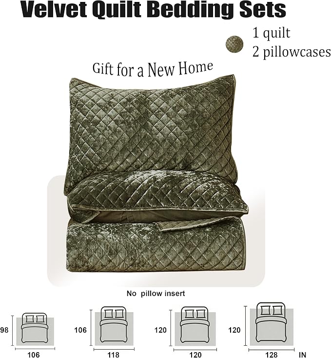 Velvet Oversized King Quilt Size Set 120x120 Luxury Ultra Soft Bedspread Coverlet 3-Piece King Comforter Sets with 2 Pillow Shams 20x36 Cozy All Seasons Velvet Bedding Set, Army Green