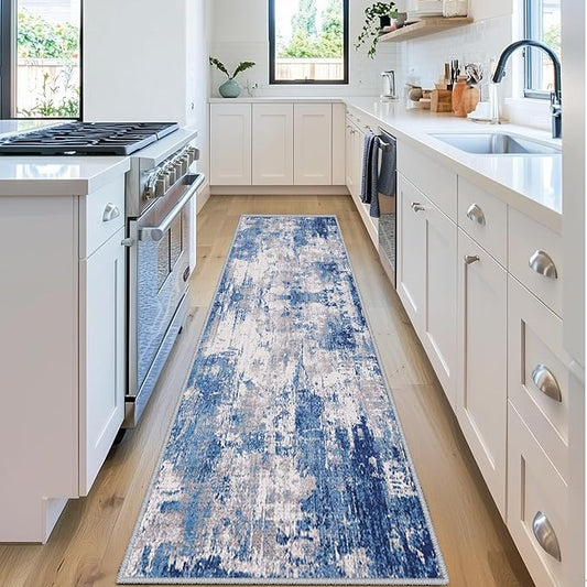 RELEANY Washable Area Rugs 2'x6' Non-Slip Modern Abstract Soft for Living Room Entryway Bedroom Nursery, Print Pattern, Blue Grey Navy Gray