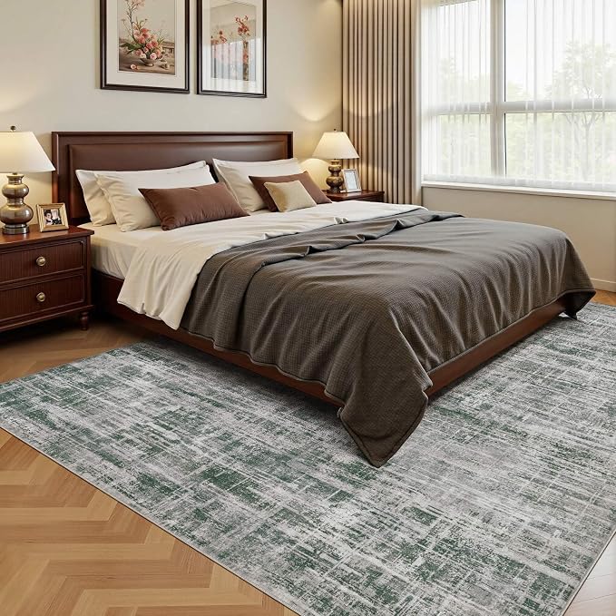 UERMEI 5x7 Washable Area Rug for Living Room: Modern Neutral Abstract Soft Low Pile Carpet Non-Slip Pet Kids Friendly Indoor Decor for Bedroom Dining Room Home Office Nursery Grey/Green