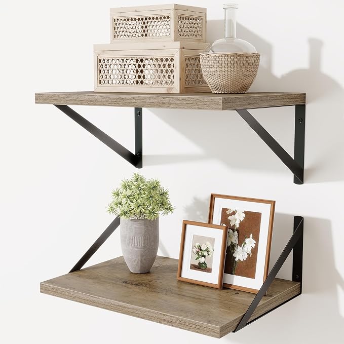 Acovy Deep Floating Shelves,16" Wx10 D Floating Shelves for Wall Set of 2,Heavy Duty Wood Floating Shelf with Metal Bracket,Wall Mounted Hanging Shelf for Living Room Bedroom Bathroom Kitchen,Grey