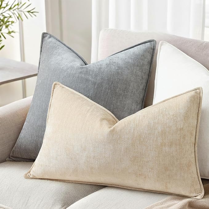 decorUhome Summer Couch Throw Pillow Covers 12x20 Set of 2, Decorative Soft Velvet Modern Cozy Chenille Lumbar Pillow Cases with Elegant Design for Sofa Bed Living Room Home Decor, Beige