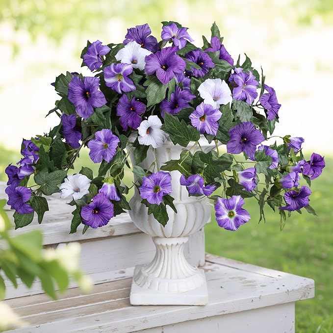 HyeFlora Artificial Flowers for Outdoors 2PCS Faux Petunias Silk Fake Flowers for Outside Planter UV Resistant Realistic Home Garden Porch Decor (Purple)
